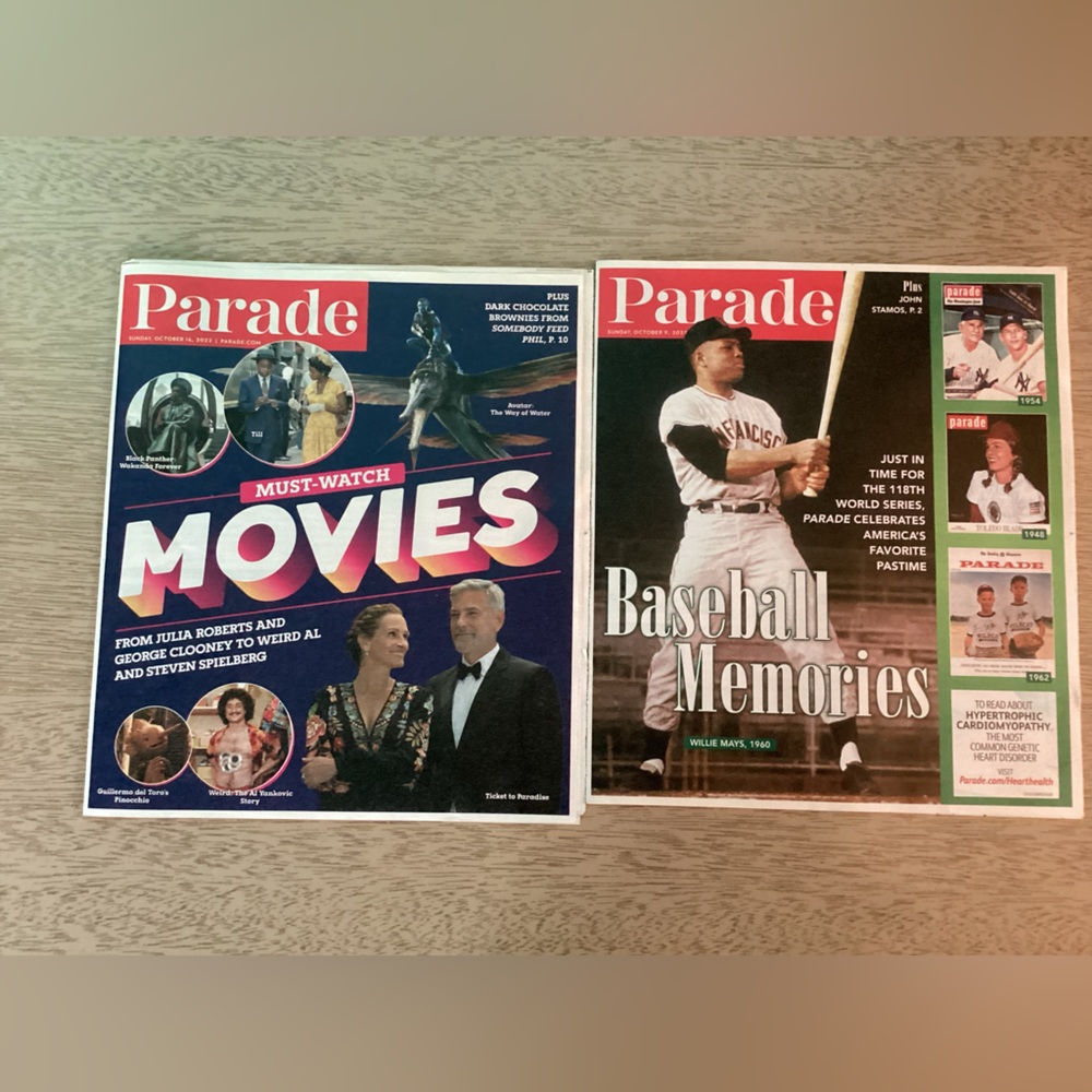 Two Parade Newspapers featuring Movies from 2022 and Baseball Memories